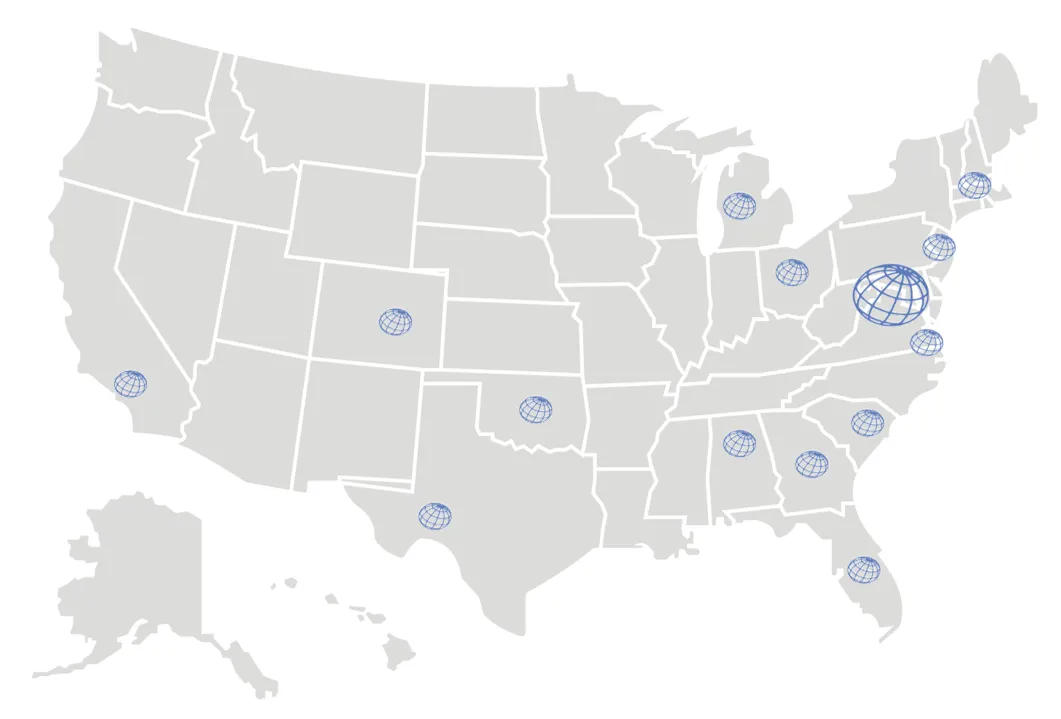 Map of the United States with globe markers at the defense hubs where Cypress field representatives are based, and a larger globe at the firm's headquarters in the Washington, D.C. area.