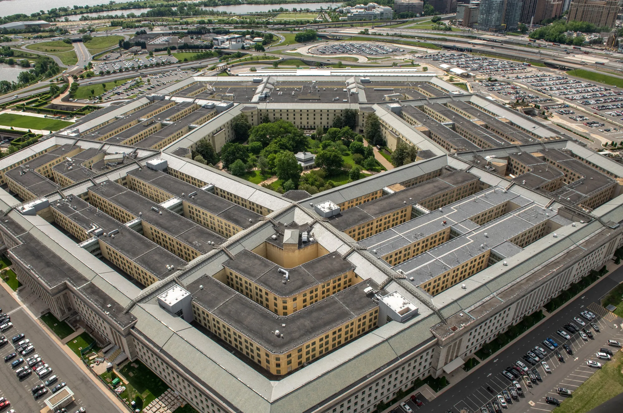 The Pentagon from the air in daylight, its five rings and central courtyard filling the frame